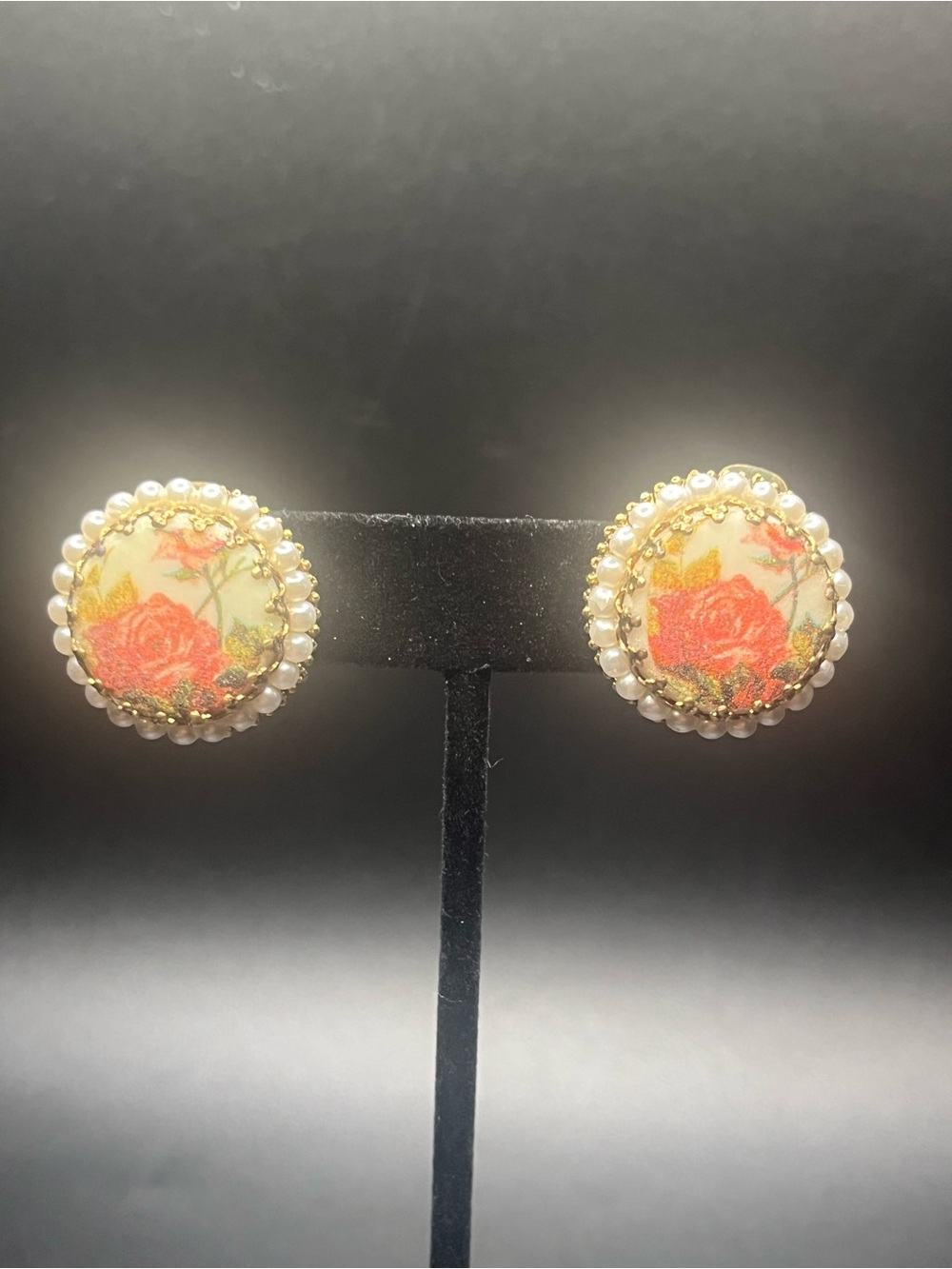 Vintage West Germany Rose Floral Faux Pearl Clip On Earrings - Picture 4 of 8
